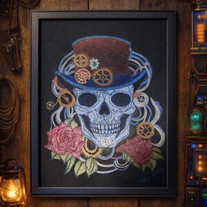 Steampunk Skull Metallic and Colored Pencil on 9X12  Black Paper